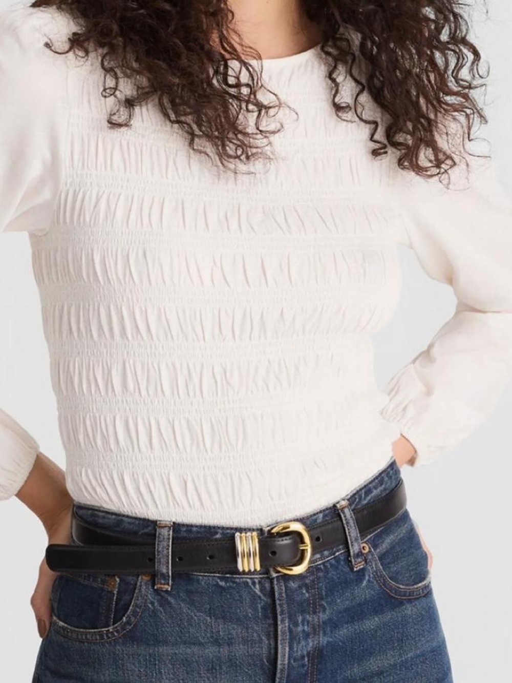 Madewell Cream Smocked Long-Sleeve Top